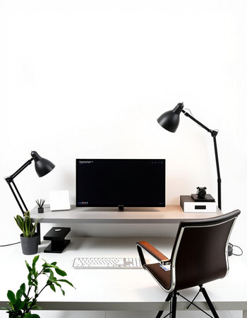 Modern workspace with computer, lamp and office supplies on white wall background