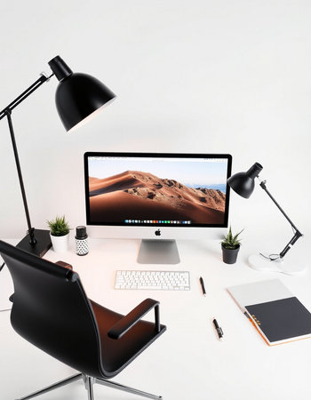Modern designer desktop with computer screen, keyboard, mouse, lamp and other items. 3D Rendering