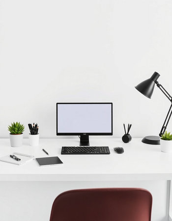 Close up of modern workplace with blank computer screen, stationery and decorations. Mock up, 3D...