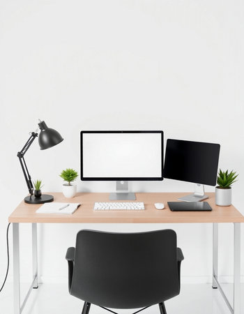 workplace with computer, lamp and plant, 3d render image