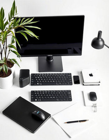 Office desk with computer, keyboard, mouse, notebook, pen and plant on white background