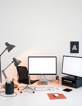 Modern workspace with computer and supplies. Mock up, 3D Rendering