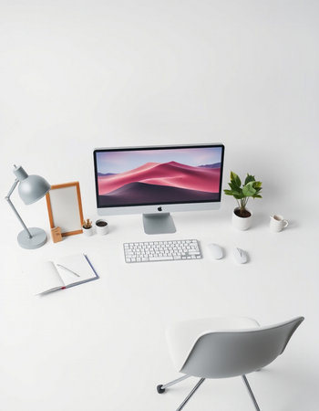 Workplace with computer, coffee cup and other objects on white background