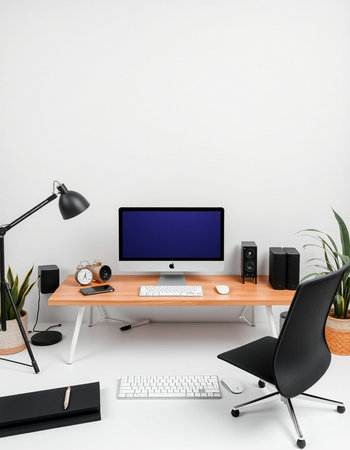 Modern workspace with computer, keyboard, mouse, coffee cup and other items. Mock up, 3D Rendering