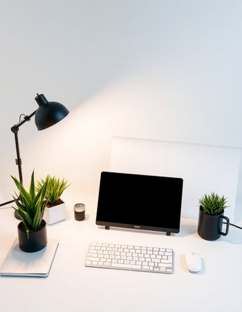 Laptop computer with blank screen, coffee cup and plant on white table