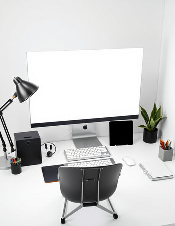 3D Illustration, blank screen computer on the table