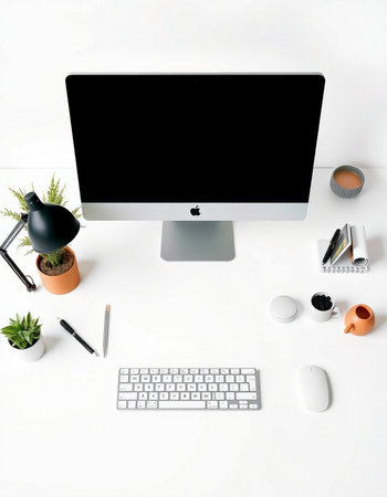 Modern workspace with computer, supplies and coffee cup on white background. Flat lay, top view