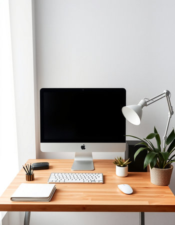 Modern workspace with computer, stationery and decorations. 3D Rendering