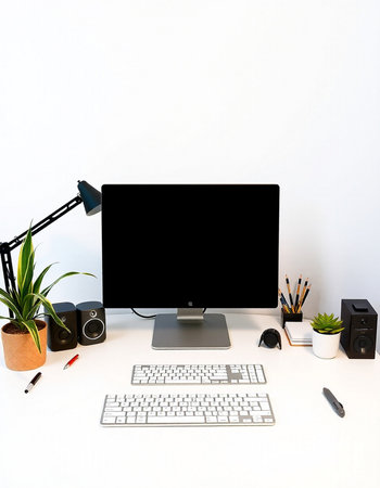 White office desk with computer, keyboard, camera and other objects.