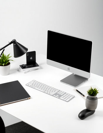workplace with computer, keyboard, mouse, lamp and notebook on white backgroundの写真素材