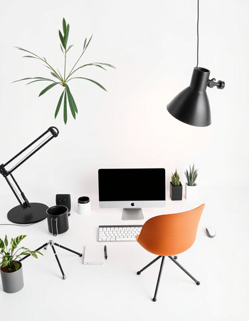 Modern workspace with computer, lamp, keyboard, mouse, coffee cup and plant. 3D Rendering