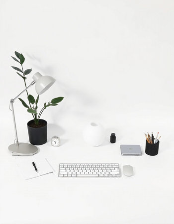 White office desk with computer keyboard, mouse, supplies and plant on white background