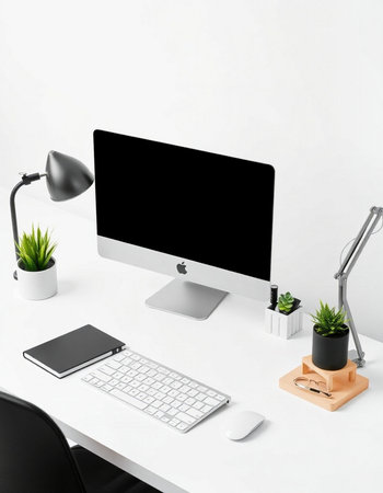 Minimalistic workplace with computer, keyboard, mouse, lamp, coffee cup and other items. 3D...