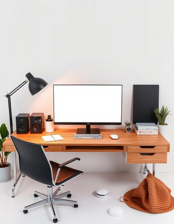 Modern workplace with computer, keyboard, mouse and other items. Mock up