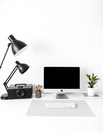Modern workspace with computer, lamp and photo camera on white wall background