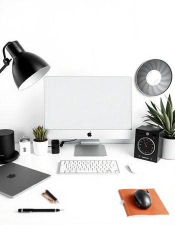 Modern workspace with computer, supplies and decorations on white background. 3D Rendering