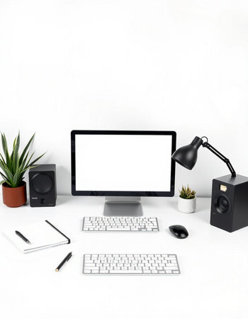 Modern workplace with computer, keyboard, mouse, notebook, stationery and plant on white background