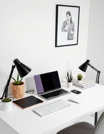 Modern workspace with laptop, coffee cup and other items. Mock upの写真素材