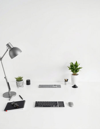 White office desk with computer, supplies, plant and lamp. 3d render