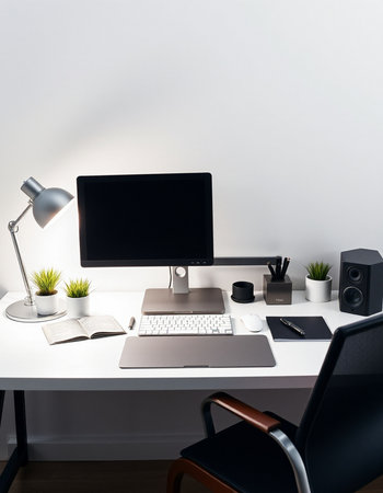 workplace with computer, lamp and other stuff, 3d rendering