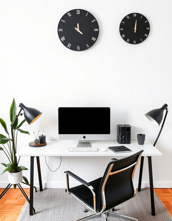 Workplace with computer, lamp and clock on the wall. 3d rendering