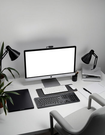 Modern workspace with blank screen computer monitor, keyboard, mouse, coffee cup and other items....