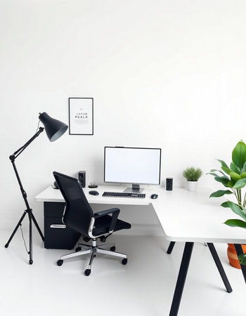 Front view of modern workplace with empty white wall, computer, chair and plant. Mock up, 3D...