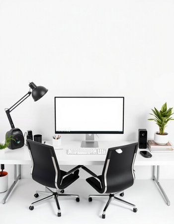 workplace with computer, lamp and plant on the white wall backgroundの写真素材
