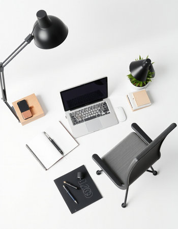 Modern workspace with laptop, notebook, stationery and lamp on white background. Flat lay, top view