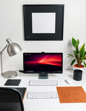 Modern workspace with computer, keyboard, mouse and other items. Mock up
