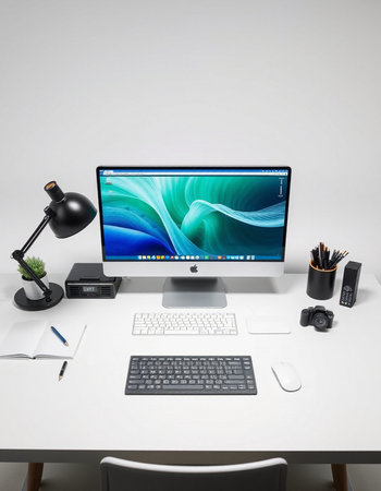 Modern workspace with computer, mouse, keyboard and graphic tablet on white table