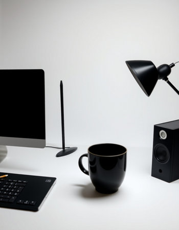 Black cup of coffee, computer, mouse, keyboard and lamp on white background