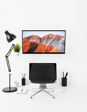 Modern workspace with computer monitor and accessories. 3d render illustration.