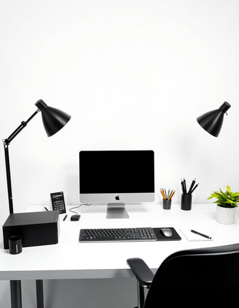 Modern workspace with computer, supplies and lamp. 3D Rendering