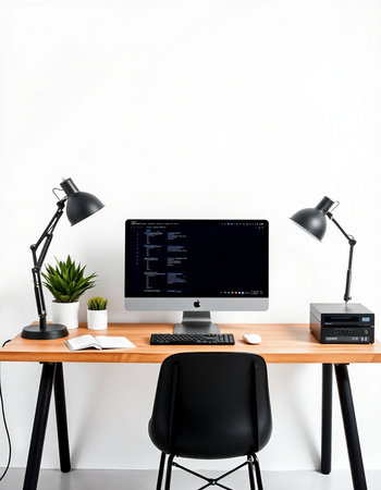 Modern workspace with computer, keyboard, mouse and accessories. 3d renderの写真素材