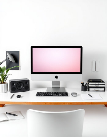 Modern workspace with computer, keyboard, stationery and copy space. 3d render.の写真素材