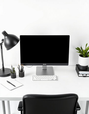 Minimalistic workspace with computer, keyboard, stationery and decorations. Workplace concept