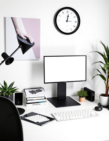 workplace with computer, stationery, clock and plant on white wall