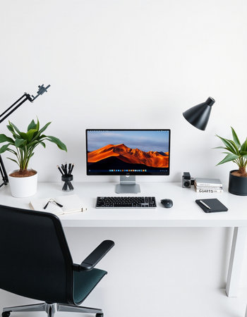 Modern workspace with computer, tablet and other items. 3d rendering