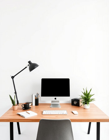 workplace with computer, lamp and stationery on table near white wall