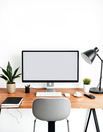 Workplace with computer, keyboard, mouse, lamp and plant on white wall background
