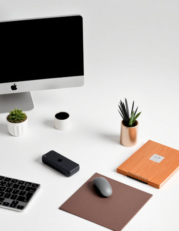 White office desk table with computer, supplies and coffee cup. Top view with copy spaceの写真素材