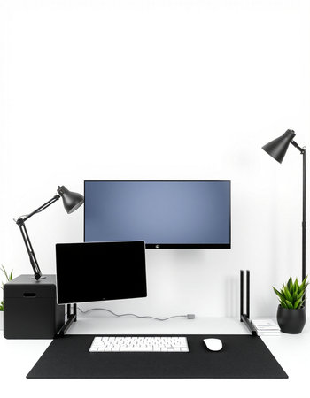Workplace with computer, keyboard, mouse, lamp and plant on white background