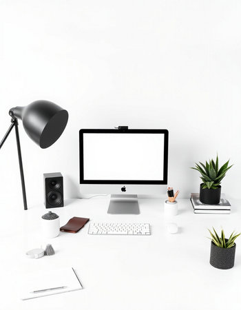 Modern workspace with blank computer screen, stationery and decorations. Mock up, 3D Rendering