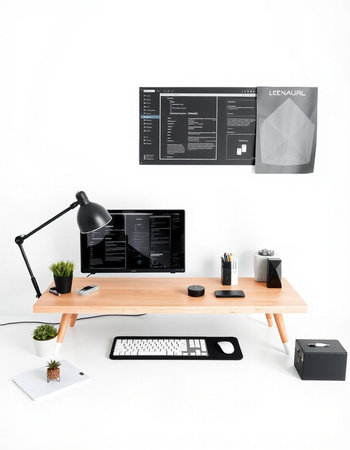 modern workspace with computer, keyboard, mouse and graphic tablet on white backgroundの写真素材