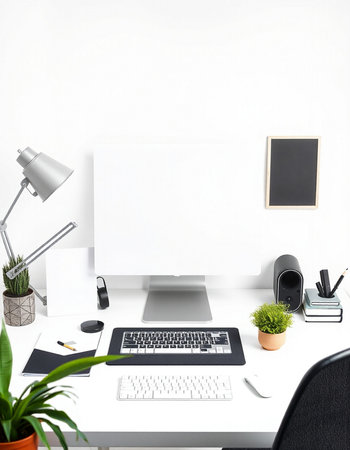 workplace with computer, lamp, keyboard and decorations on white background