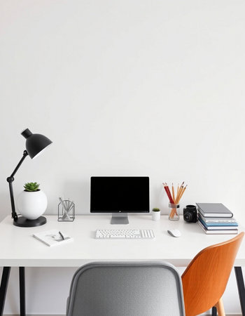 Front view of modern designer workplace with empty white wall, computer and other items. Mock up