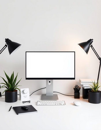 Modern workspace with blank computer monitor and office supplies. Mock up, 3D Rendering