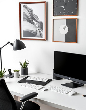 Modern workplace with computer, keyboard, mouse, lamp and other items