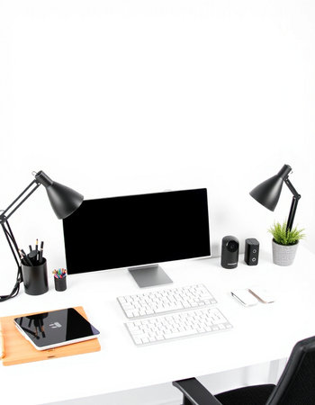 workplace with computer, keyboard, mouse, coffee cup and lamp